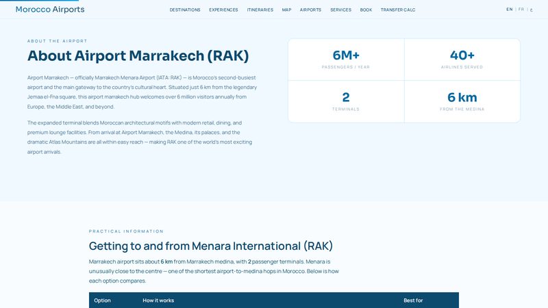 An airport guide page — Marrakech Menara (RAK)